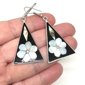 Vintage Alpaca Floral Mother-of-Pearl and Abalone Shell Triangle Drop Earrings